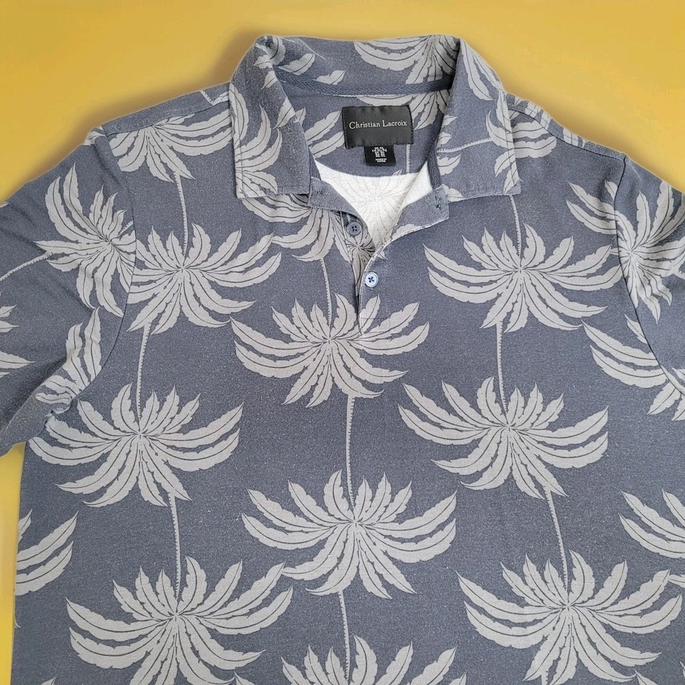Christian Lacroix Polo Mens XL Gray‎ Palm Tree Short Sleeve Stretch Resort Golf